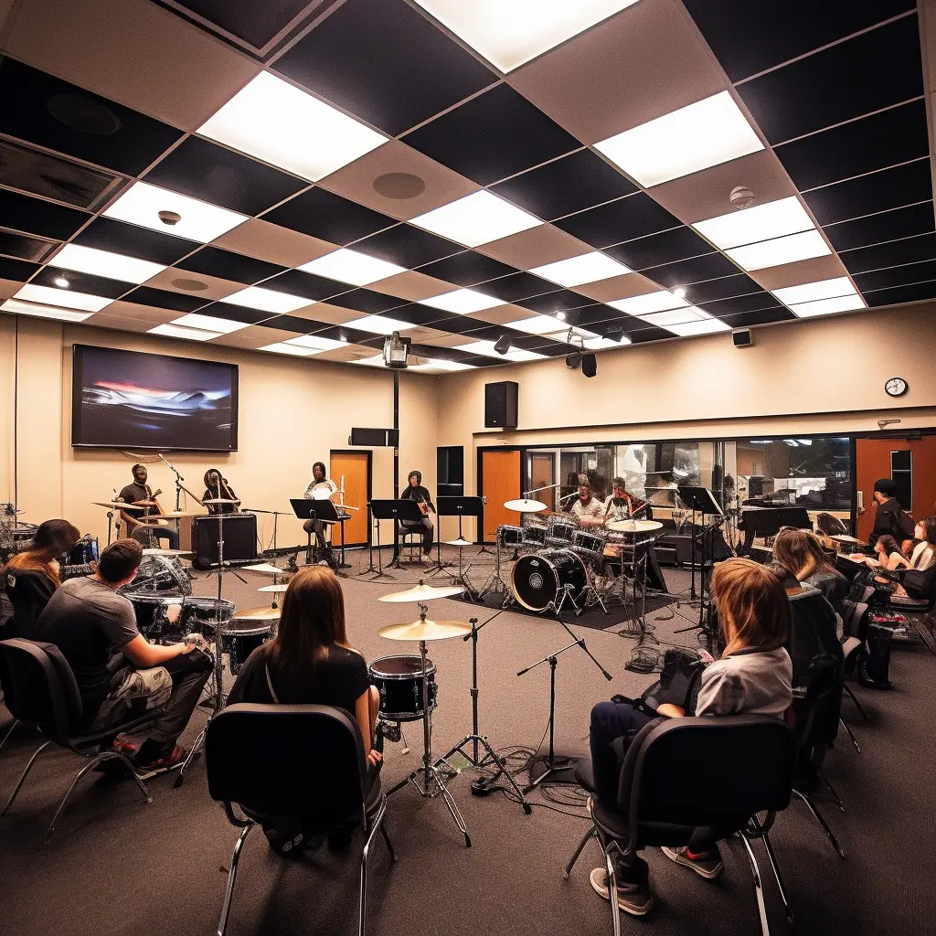 A class at the Randy Simms School of Music. There are a bunch of drummers and people playing instruments in a classroom with a remarkable number of flourescent light fixtures overhead. Honestly it seems like it would be very loud.