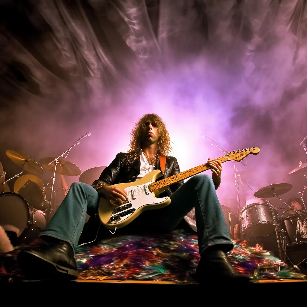 Randy Simms sits on stage shredding on his electric guitar. Two drum kits are behind him. His hair is gelled and big. Smoke and lights are in the air.